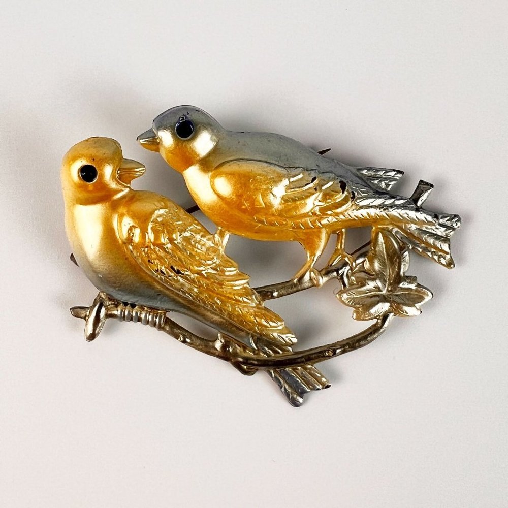 Vintage Blue and Yellow Pearlescent Enamel Love Birds Brooch Pin